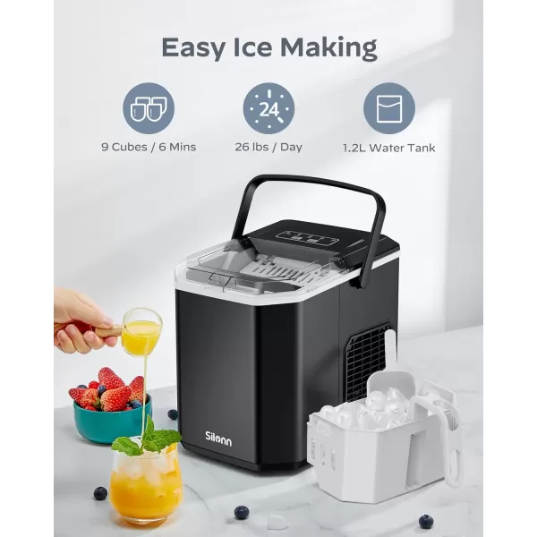 imageSilonn Ice Maker Countertop Portable Ice Machine with Carry Handle SelfCleaning Ice Makers with Basket and Scoop 9 Cubes in 6 Mins 26 lbs per Day Ideal for Home Kitchen Camping RVBlack Ice Maker