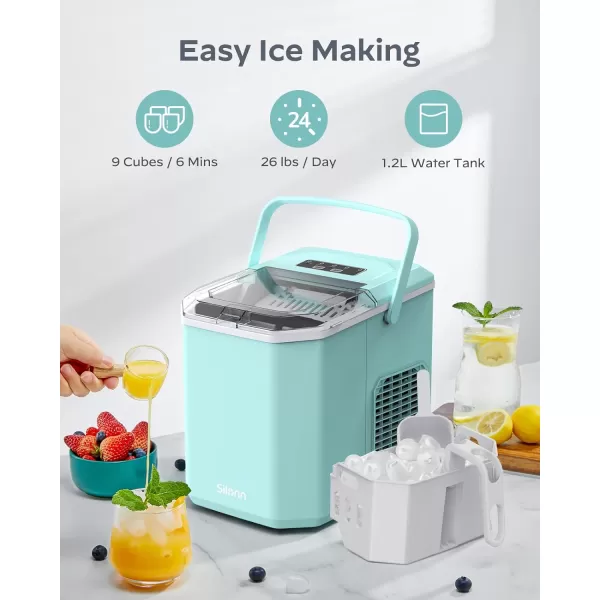imageSilonn Ice Maker Countertop Portable Ice Machine with Carry Handle SelfCleaning Ice Makers with Basket and Scoop 9 Cubes in 6 Mins 26 lbs per Day Ideal for Home Kitchen Camping RVGreen