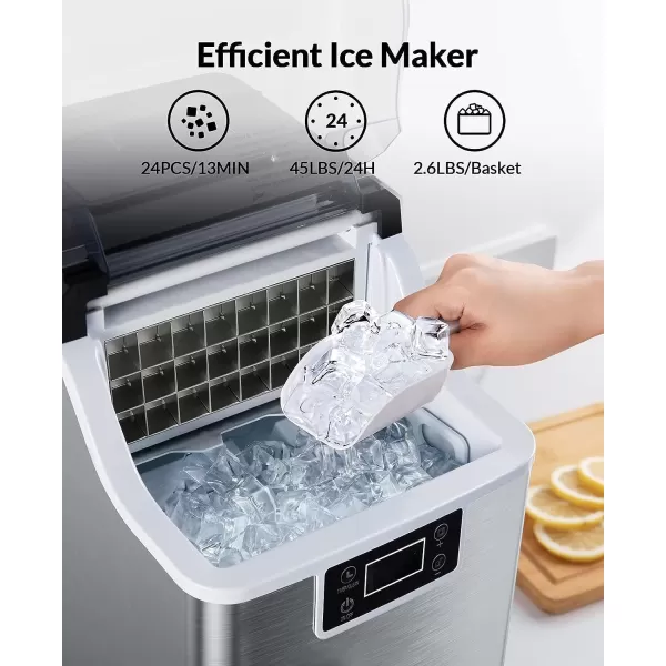 imageSilonn Ice Makers Countertop  24Pcs Ice Cubes in 13 Min 45lbs Per Day 2 Ways to Add Water Auto SelfCleaning Stainless Steel Ice Machine for Home Office Bar PartyStainless Steel