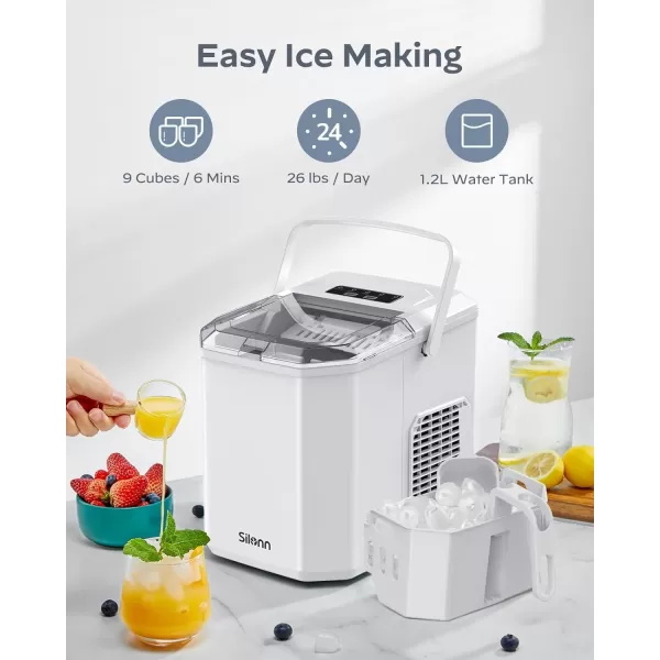 imageSilonn Ice Makers Countertop 9 Cubes Ready in 6 Mins 26lbs in 24Hrs SelfCleaning Ice Machine with Ice Scoop and Basket 2 Sizes of Bullet Ice for Home Kitchen Office Bar Party BlackMoonlight White