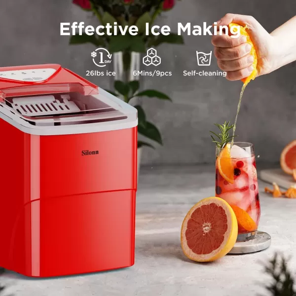 imageSilonn Ice Makers Countertop 9 Cubes Ready in 6 Mins 26lbs in 24Hrs SelfCleaning Ice Machine with Ice Scoop and Basket 2 Sizes of Bullet Ice for Home Kitchen Office Bar Party BlackRed