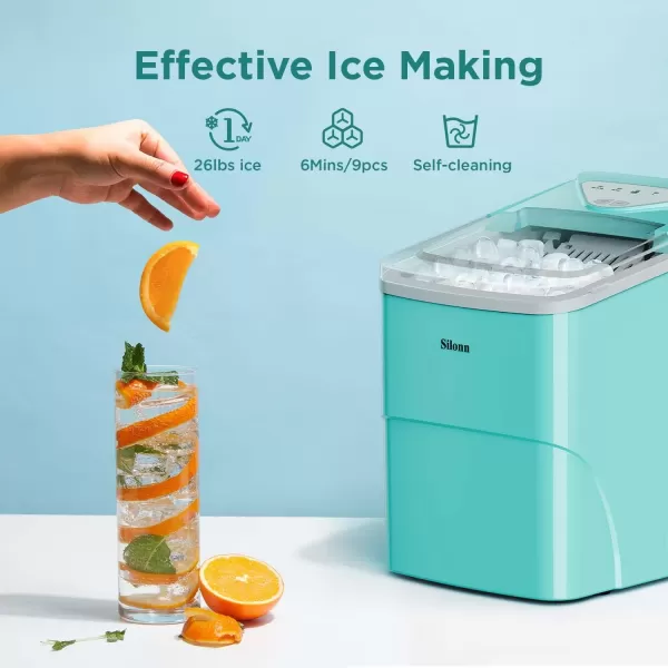 imageSilonn Ice Makers Countertop 9 Cubes Ready in 6 Mins 26lbs in 24Hrs SelfCleaning Ice Machine with Ice Scoop and Basket 2 Sizes of Bullet Ice for Home Kitchen Office Bar Party BlackGreen