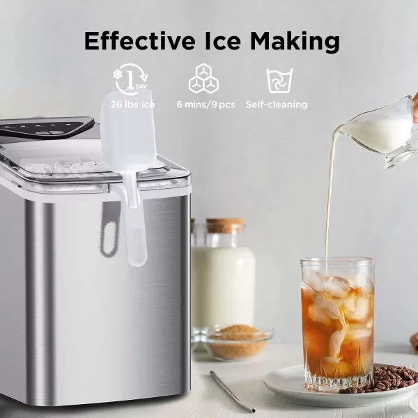 imageSilonn Ice Makers Countertop 9 Cubes Ready in 6 Mins 26lbs in 24Hrs SelfCleaning Ice Machine with Ice Scoop and Basket 2 Sizes of Bullet Ice for Home Kitchen Office Bar Party BlackStainless Steel01