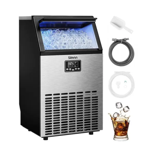 imageSilonn Commercial Ice Maker Machine Creates 100lbs in 24H 33lbs Ice Storage Capacity Stainless Steel Freestanding Ice Maker with Auto SelfCleaning for Home Office Bar Parties SLIM11150lb