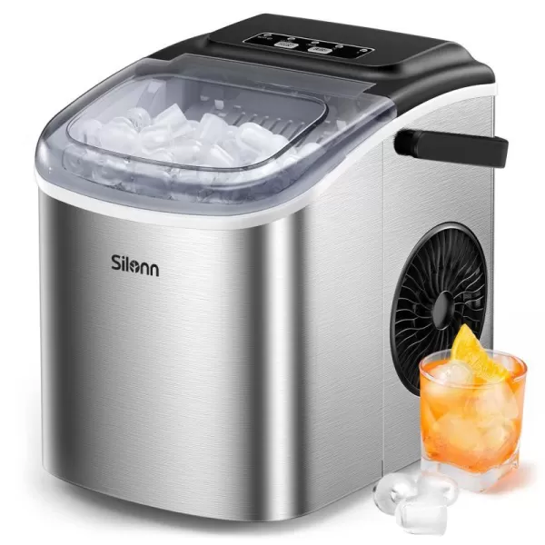 imageSilonn Countertop Ice Maker 9 Cubes Ready in 6 Mins 26lbs in 24Hrs SelfCleaning Ice Machine with Ice Scoop and Basket 2 Sizes of Bullet Ice for Home Kitchen Office Bar Party BlackStainless Steel