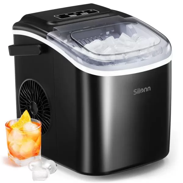 imageSilonn Countertop Ice Maker 9 Cubes Ready in 6 Mins 26lbs in 24Hrs SelfCleaning Ice Machine with Ice Scoop and Basket 2 Sizes of Bullet Ice for Home Kitchen Office Bar Party BlackBlack
