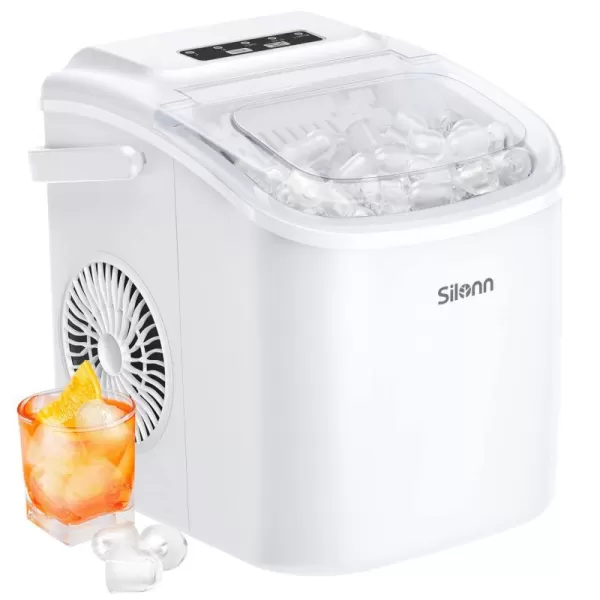 imageSilonn Countertop Ice Maker 9 Cubes Ready in 6 Mins 26lbs in 24Hrs SelfCleaning Ice Machine with Ice Scoop and Basket 2 Sizes of Bullet Ice for Home Kitchen Office Bar Party BlackWhite