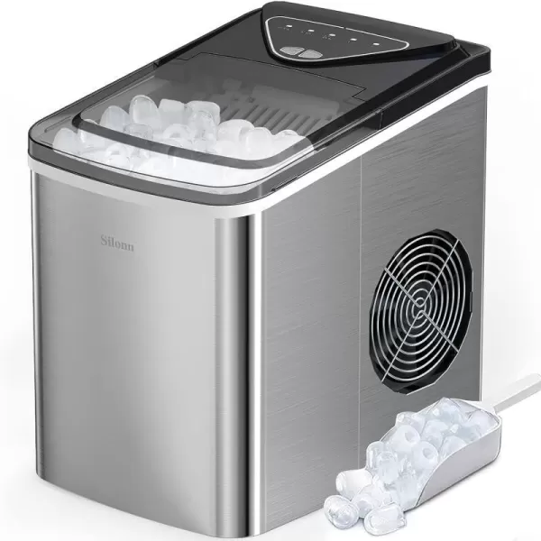 imageSilonn Ice Maker Countertop 9 Cubes Ready in 6 Mins 26lbs in 24Hrs SelfCleaning Ice Machine with Ice Scoop and Basket 2 Sizes of Bullet Ice for Home Kitchen Office Bar PartyStainless Steel