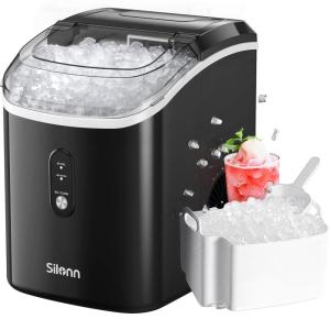 imageSilonn Countertop Ice Maker 9 Cubes Ready in 6 Mins 26lbs in 24Hrs SelfCleaning Ice Machine with Ice Scoop and Basket 2 Sizes of Bullet Ice for Home Kitchen Office Bar Party GreenBlacktransparent