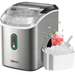 imageSilonn Countertop Ice Maker 9 Cubes Ready in 6 Mins 26lbs in 24Hrs SelfCleaning Ice Machine with Ice Scoop and Basket 2 Sizes of Bullet Ice for Home Kitchen Office Bar Party GreenStainless SteelPRO