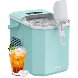 imageSilonn Ice Maker Countertop Stainless Steel Portable Ice Machine with Carry Handle SelfCleaning Ice Makers with Basket and Scoop 9 Cubes in 6 Mins 26 lbs per DayLight Green