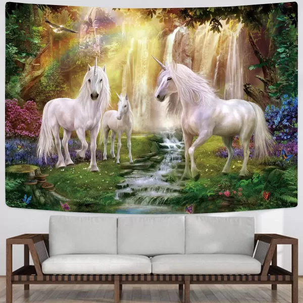 KYKU Fairy Tale World Tapestry Unicorn Tapestry Wall Hanging Magical Forest Tapestry Fantasy Animals Rainbow Waterfall Tapestries Hanging for Bedroom Decor Living Room 