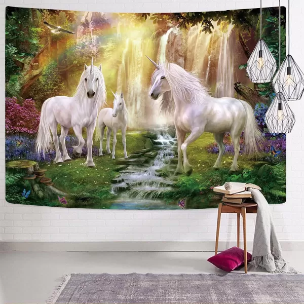 KYKU Fairy Tale World Tapestry Unicorn Tapestry Wall Hanging Magical Forest Tapestry Fantasy Animals Rainbow Waterfall Tapestries Hanging for Bedroom Decor Living Room 