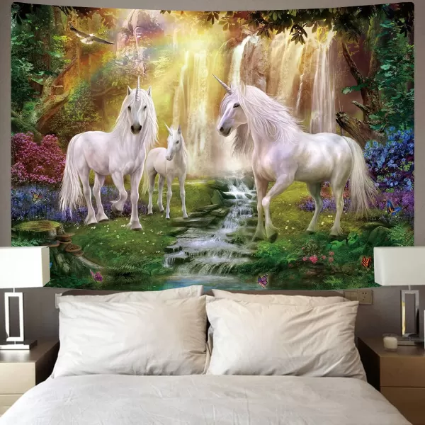 KYKU Fairy Tale World Tapestry Unicorn Tapestry Wall Hanging Magical Forest Tapestry Fantasy Animals Rainbow Waterfall Tapestries Hanging for Bedroom Decor Living Room 