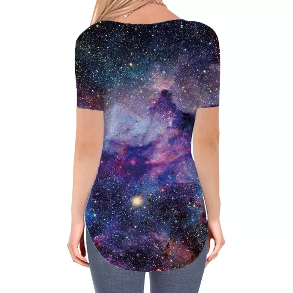 KYKU Galaxy T Shirts for Women Space Print Side Slit Curved Hem V Neck T-Shirts