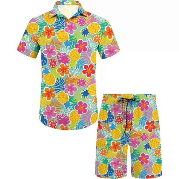 KYKU Mens Hawaiian Shirt and Short Set - Summer Short Sleeve Button Down Beach Shirts Tropical Vacation 2 Piece Outfits