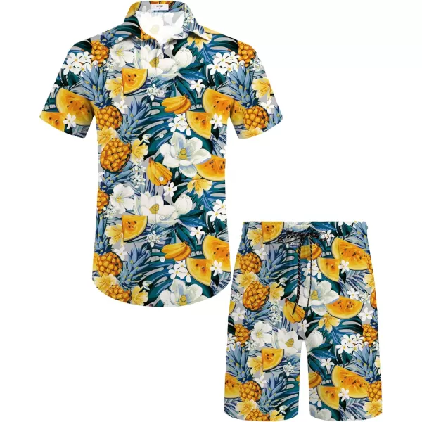KYKU Mens Hawaiian Shirt and Short Set - Summer Short Sleeve Button Down Beach Shirts Tropical Vacation 2 Piece Outfits