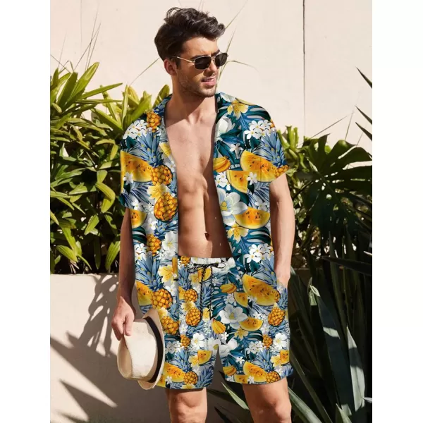 KYKU Mens Hawaiian Shirt and Short Set - Summer Short Sleeve Button Down Beach Shirts Tropical Vacation 2 Piece Outfits