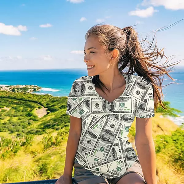 KYKU Money T Shirts for Women Dollar Print Summer Short Sleeve V Neck T-Shirts