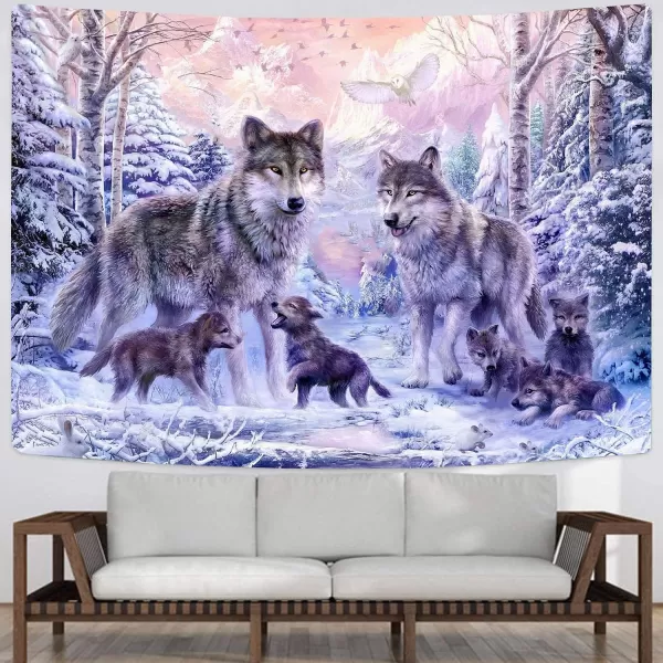 KYKU Snow Wolf Tapestry Pink Family Wolves Tapestry Wall Hanging Wild Animal Tapestries for Bedroom Living Room Dorm Decor 