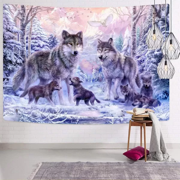 KYKU Snow Wolf Tapestry Pink Family Wolves Tapestry Wall Hanging Wild Animal Tapestries for Bedroom Living Room Dorm Decor 