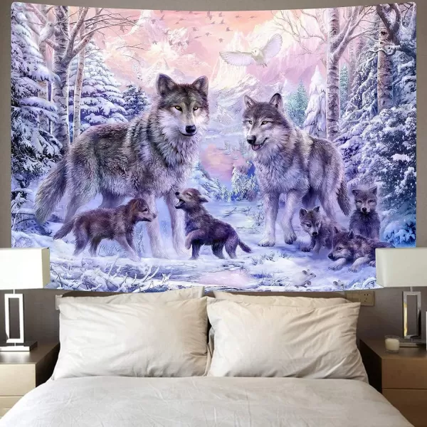 KYKU Snow Wolf Tapestry Pink Family Wolves Tapestry Wall Hanging Wild Animal Tapestries for Bedroom Living Room Dorm Decor 