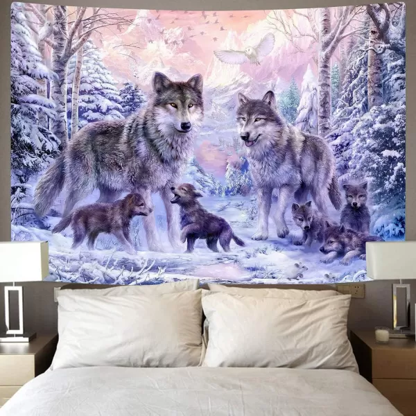 KYKU Snow Wolf Tapestry Pink Family Wolves Tapestry Wall Hanging Wild Animal Tapestries for Bedroom Living Room Dorm Decor 