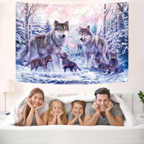 KYKU Snow Wolf Tapestry Pink Family Wolves Tapestry Wall Hanging Wild Animal Tapestries for Bedroom Living Room Dorm Decor 