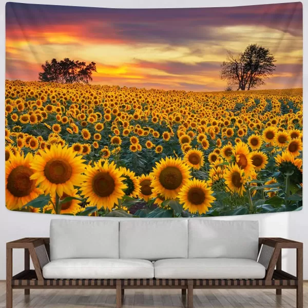 KYKU Sunflower Tapestry Wall Hanging Sunset Sunflowers Field Tapestry Golden Yellow Sunflowers Tapestries Warm Yellow Floral Plant Tapestry For Living Room Dorm Decor 