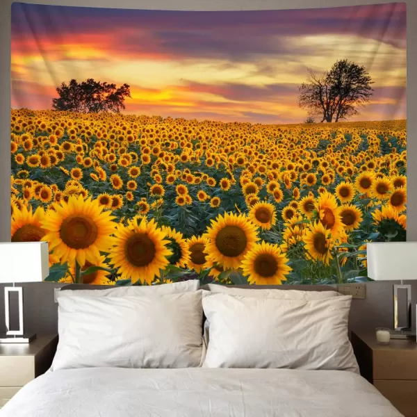 KYKU Sunflower Tapestry Wall Hanging Sunset Sunflowers Field Tapestry Golden Yellow Sunflowers Tapestries Warm Yellow Floral Plant Tapestry For Living Room Dorm Decor 