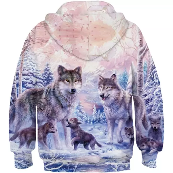 KYKU Wolf Hoodie for Kids 3D Print Pink Wolves Sweatshirt for Boys Teen Pullover Sweatshirts 6-16 Years with Pocket