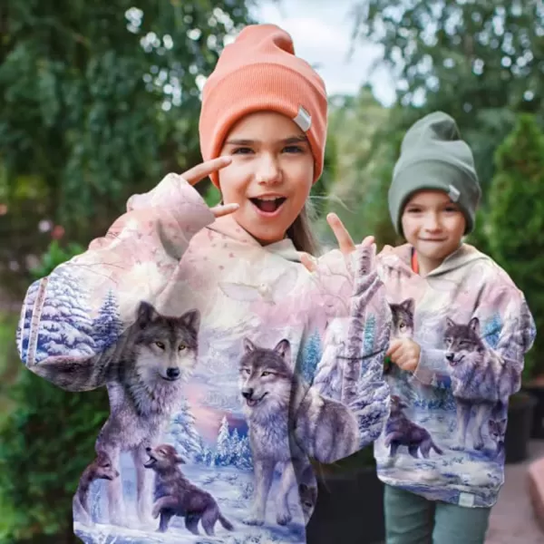 KYKU Wolf Hoodie for Kids 3D Print Pink Wolves Sweatshirt for Boys Teen Pullover Sweatshirts 6-16 Years with Pocket