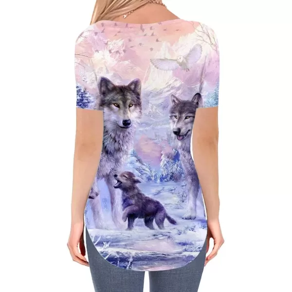 KYKU Wolf T Shirts Women Wolves Print Side Slit Curved Hem V Neck T-Shirts