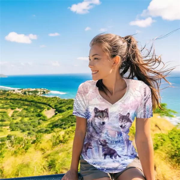 KYKU Wolf T Shirts Women Wolves Print Side Slit Curved Hem V Neck T-Shirts