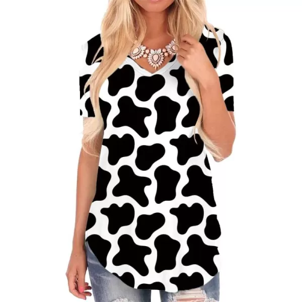 KYKU Cow Print Shirt Women V Neck Cute Black and White Animal Pattern T-Shirt