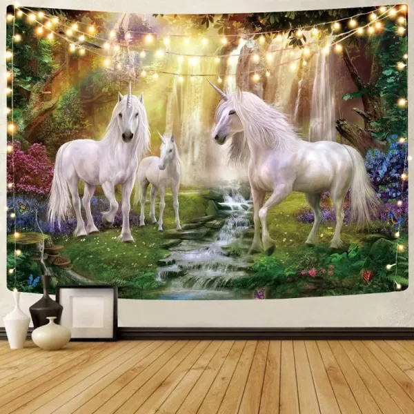 KYKU Fairy Tale World Tapestry Unicorn Tapestry Wall Hanging Magical Forest Tapestry Fantasy Animals Rainbow Waterfall Tapestries Hanging for Bedroom Decor Living Room 
