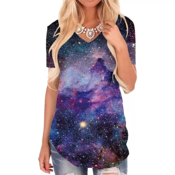 KYKU Galaxy T Shirts for Women Space Print Side Slit Curved Hem V Neck T-Shirts