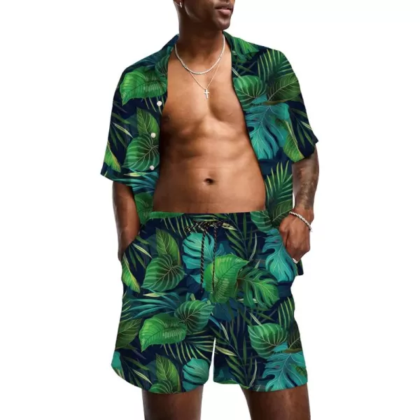 KYKU Mens Hawaiian Shirt and Short Set - Summer Short Sleeve Button Down Beach Shirts Tropical Vacation 2 Piece Outfits