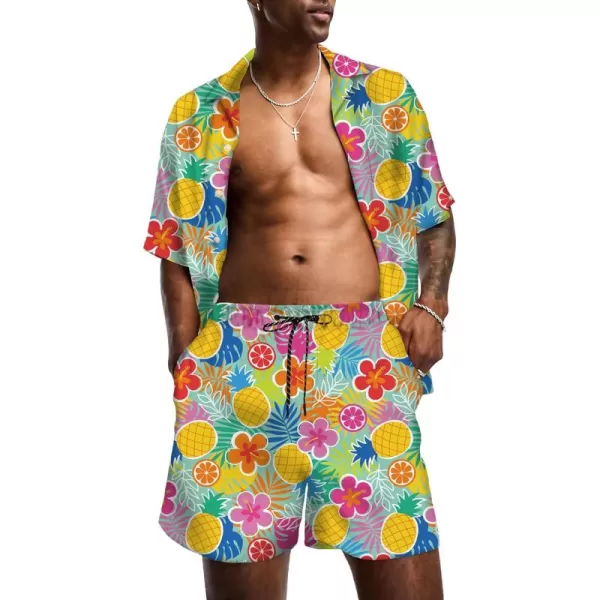 KYKU Mens Hawaiian Shirt and Short Set - Summer Short Sleeve Button Down Beach Shirts Tropical Vacation 2 Piece Outfits
