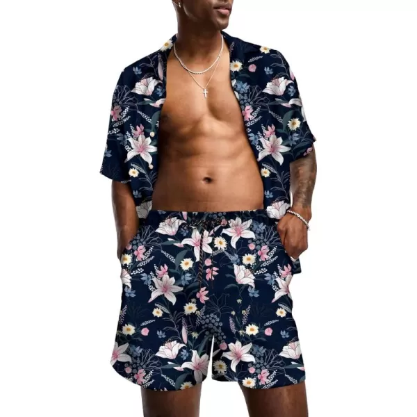KYKU Mens Hawaiian Shirt and Short Set - Summer Short Sleeve Button Down Beach Shirts Tropical Vacation 2 Piece Outfits