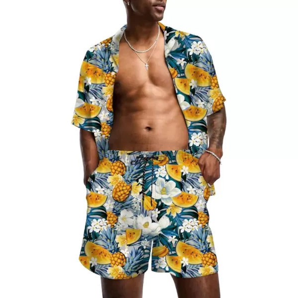 KYKU Mens Hawaiian Shirt and Short Set - Summer Short Sleeve Button Down Beach Shirts Tropical Vacation 2 Piece Outfits