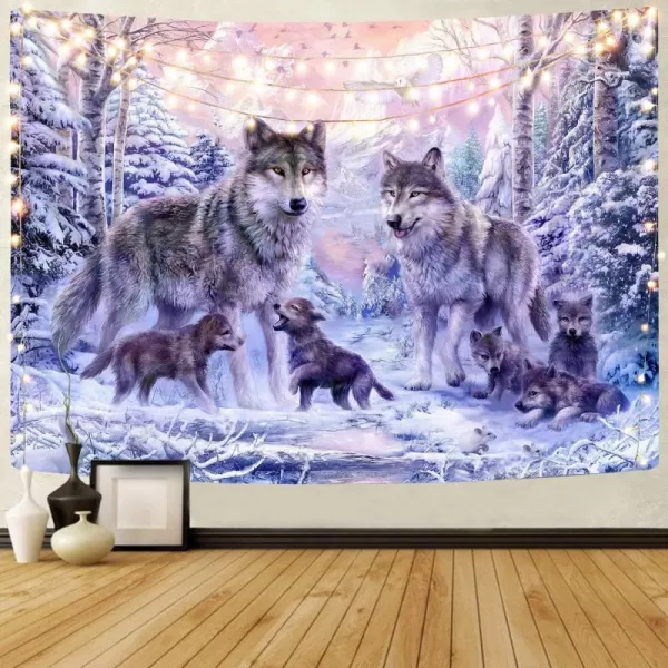 KYKU Snow Wolf Tapestry Pink Family Wolves Tapestry Wall Hanging Wild Animal Tapestries for Bedroom Living Room Dorm Decor 