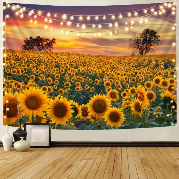 KYKU Sunflower Tapestry Wall Hanging Sunset Sunflowers Field Tapestry Golden Yellow Sunflowers Tapestries Warm Yellow Floral Plant Tapestry For Living Room Dorm Decor 