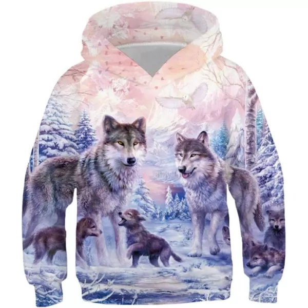 KYKU Wolf Hoodie for Kids 3D Print Pink Wolves Sweatshirt for Boys Teen Pullover Sweatshirts 6-16 Years with Pocket