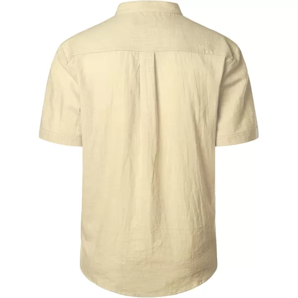 Men's Cotton Linen Henley Shirt Short Sleeve Casual Beach T Shirts with Pocket