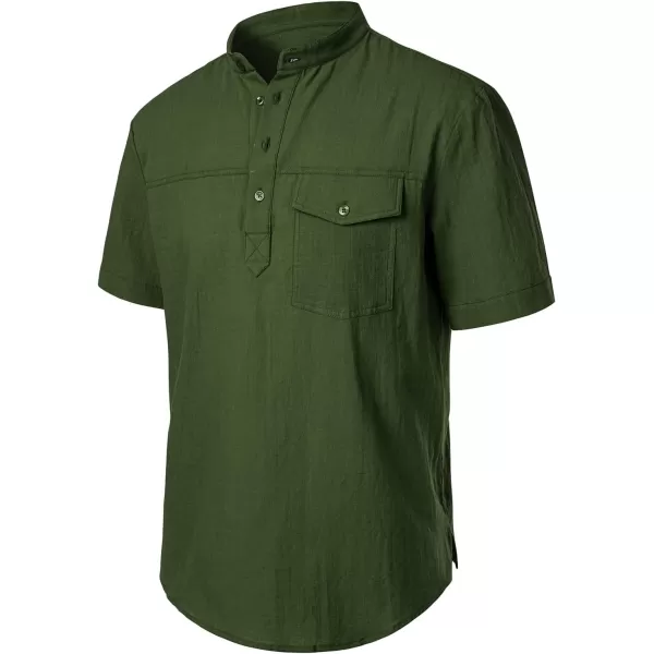 Men's Cotton Linen Henley Shirt Short Sleeve Casual Beach T Shirts with Pocket