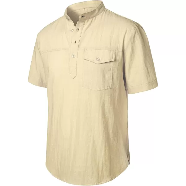 Men's Cotton Linen Henley Shirt Short Sleeve Casual Beach T Shirts with Pocket