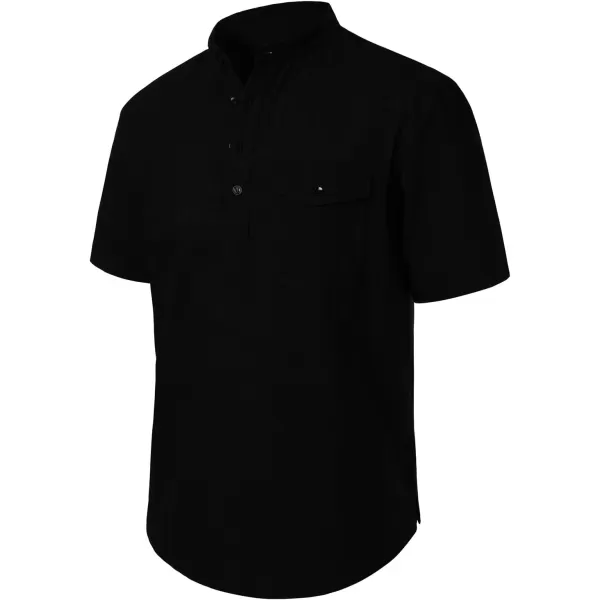 Men's Cotton Linen Henley Shirt Short Sleeve Casual Beach T Shirts with Pocket