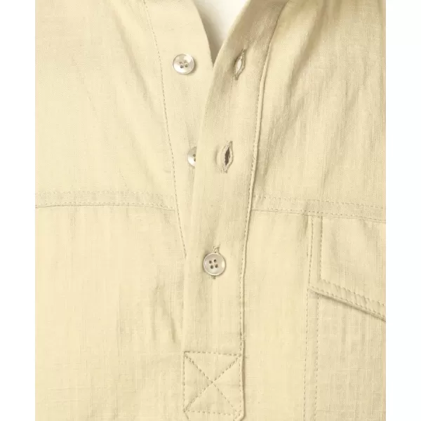 Men's Cotton Linen Henley Shirt Short Sleeve Casual Beach T Shirts with Pocket