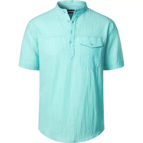 Men's Cotton Linen Henley Shirt Short Sleeve Casual Beach T Shirts with Pocket